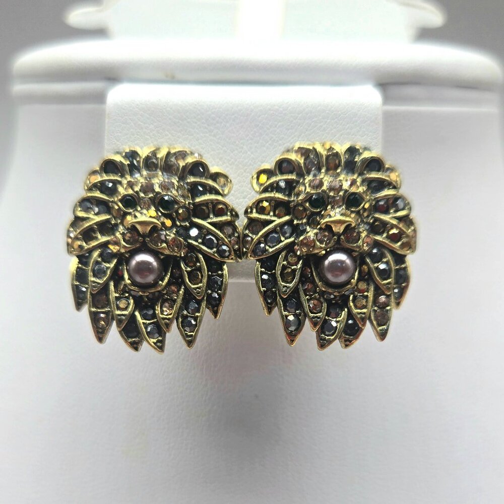 Heidi Daus Lion Head Clip on Earrings with Swarovski Crystal and Glass Pearls